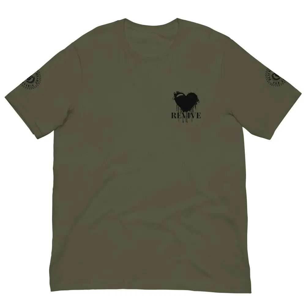 Revive Black Heart Tee – Military Green cotton t-shirt by Black Heart Tees Clothing featuring bold Black Heart design, symbolizing resilience, renewal, and inner strength. (Front View)