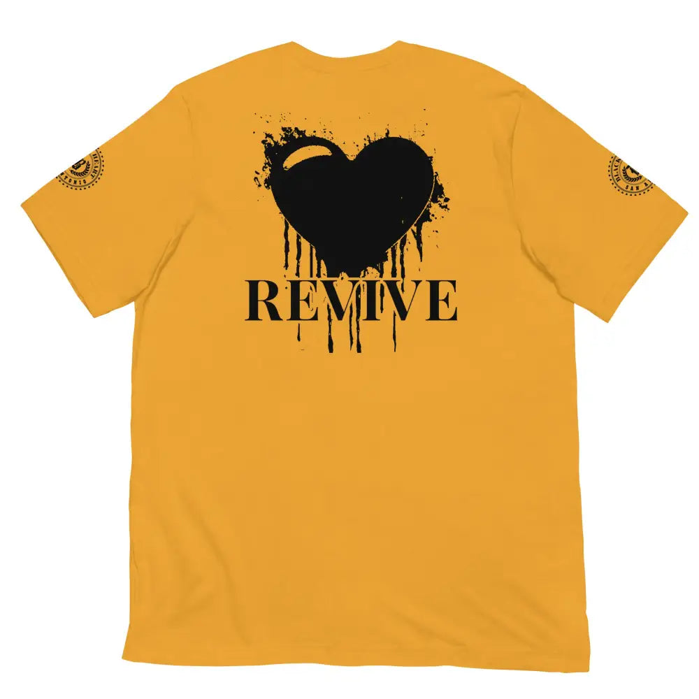 Revive Black Heart Tee – Mustard Yellow cotton t-shirt by Black Heart Tees Clothing featuring bold Black Heart design, symbolizing resilience, renewal, and inner strength. (Back View)