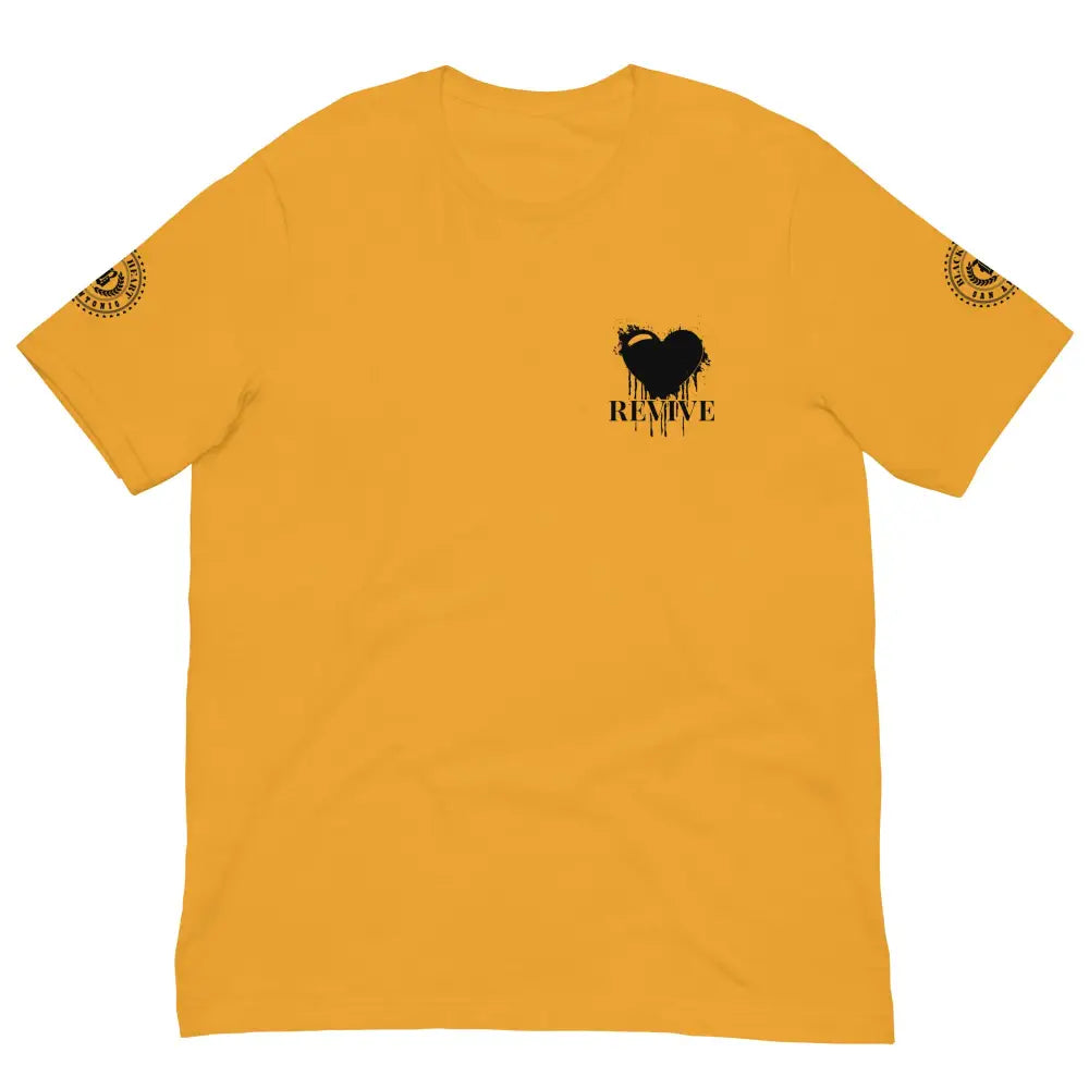 Revive Black Heart Tee – Mustard Yellow cotton t-shirt by Black Heart Tees Clothing featuring bold Black Heart design, symbolizing resilience, renewal, and inner strength. (Front View)
