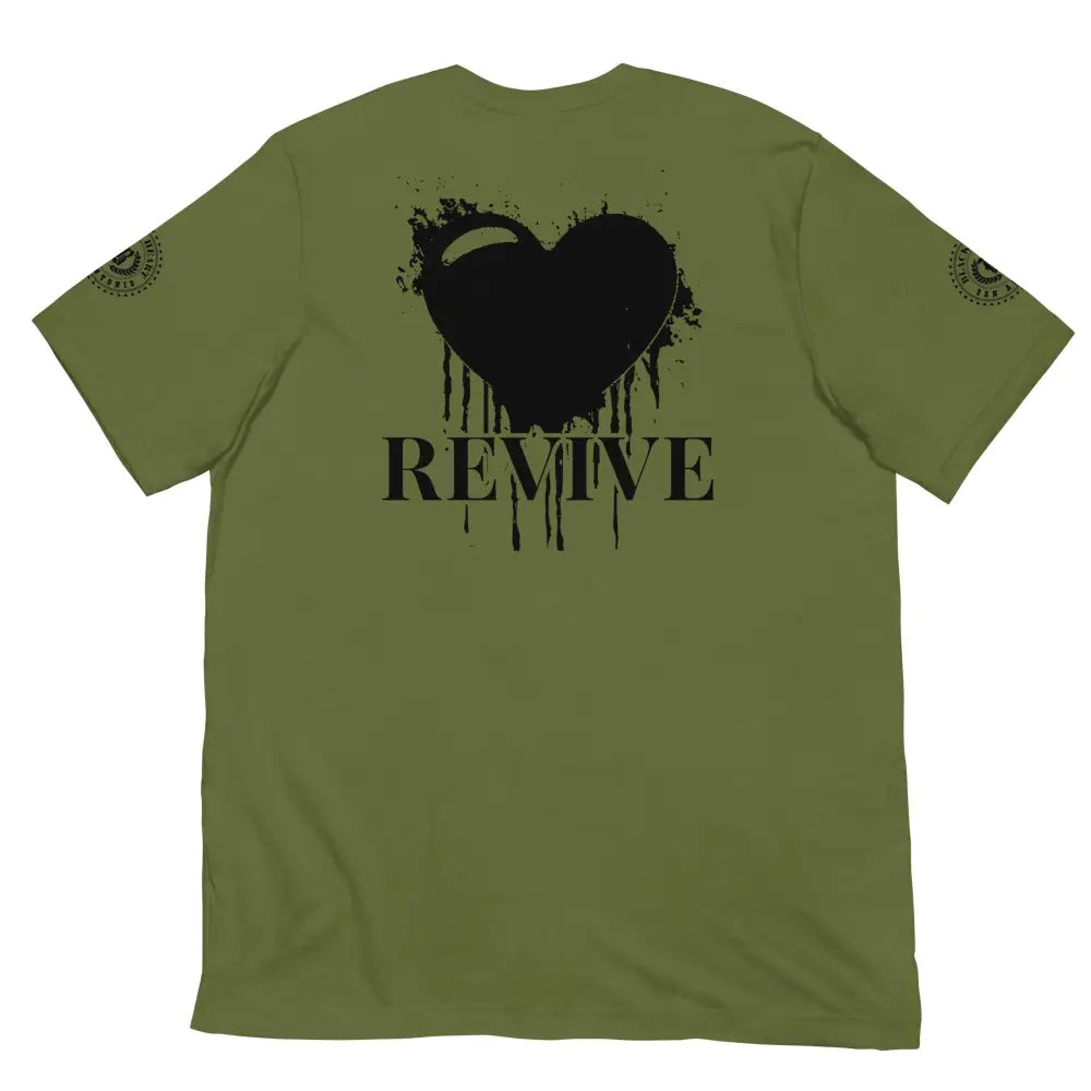 Revive Black Heart Tee – Olive Green cotton t-shirt by Black Heart Tees Clothing featuring bold Black Heart design, symbolizing resilience, renewal, and inner strength. (Back View)