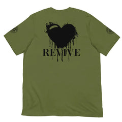 Revive Black Heart Tee – Olive Green cotton t-shirt by Black Heart Tees Clothing featuring bold Black Heart design, symbolizing resilience, renewal, and inner strength. (Back View)