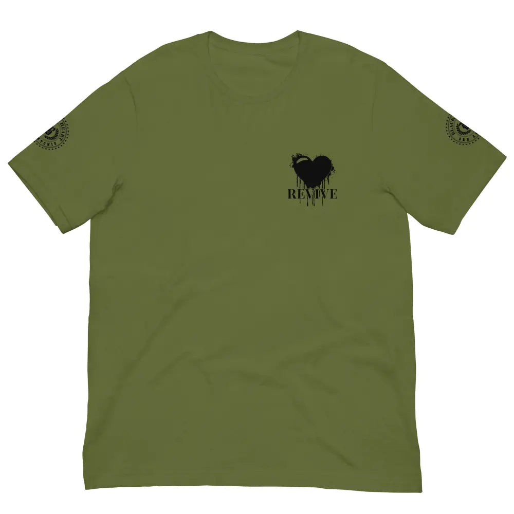 Revive Black Heart Tee – Olive Green cotton t-shirt by Black Heart Tees Clothing featuring bold Black Heart design, symbolizing resilience, renewal, and inner strength. (Front View)