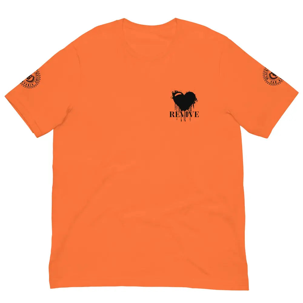 Revive Black Heart Tee – Orange cotton t-shirt by Black Heart Tees Clothing featuring bold Black Heart design, symbolizing resilience, renewal, and inner strength. (Front View)