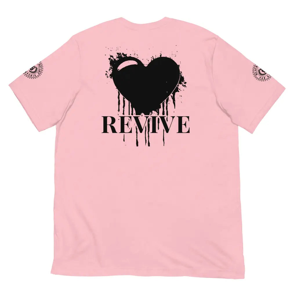 Revive Black Heart Tee – Pink cotton t-shirt by Black Heart Tees Clothing featuring bold Black Heart design, symbolizing resilience, renewal, and inner strength. (Back View)