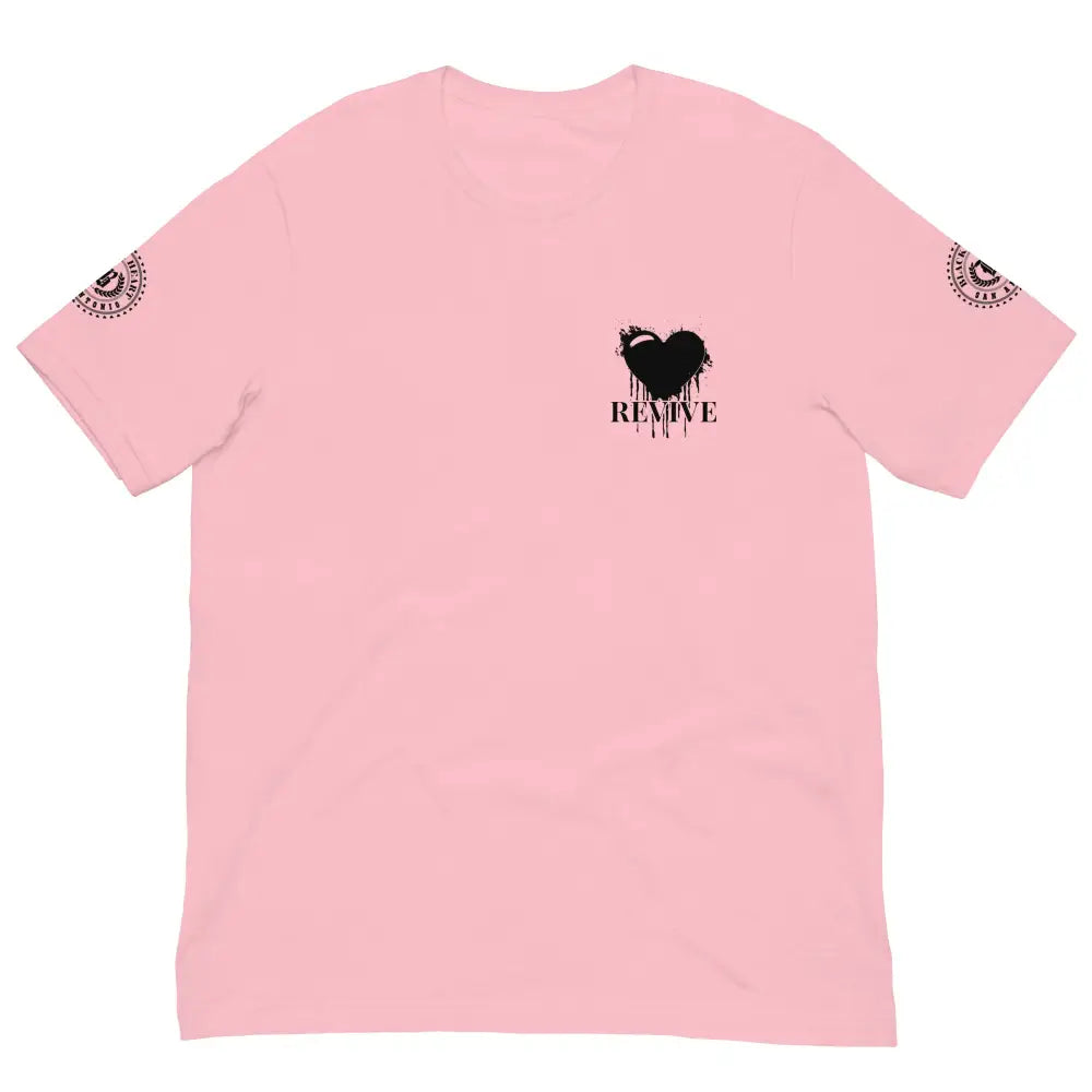 Revive Black Heart Tee – Pink cotton t-shirt by Black Heart Tees Clothing featuring bold Black Heart design, symbolizing resilience, renewal, and inner strength. (Front View)