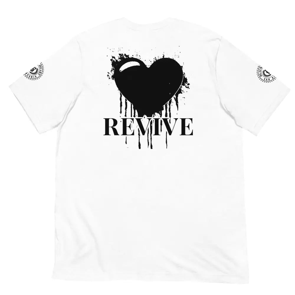 Revive Black Heart Tee – White cotton t-shirt by Black Heart Tees Clothing featuring bold Black Heart design, symbolizing resilience, renewal, and inner strength. (Back View)