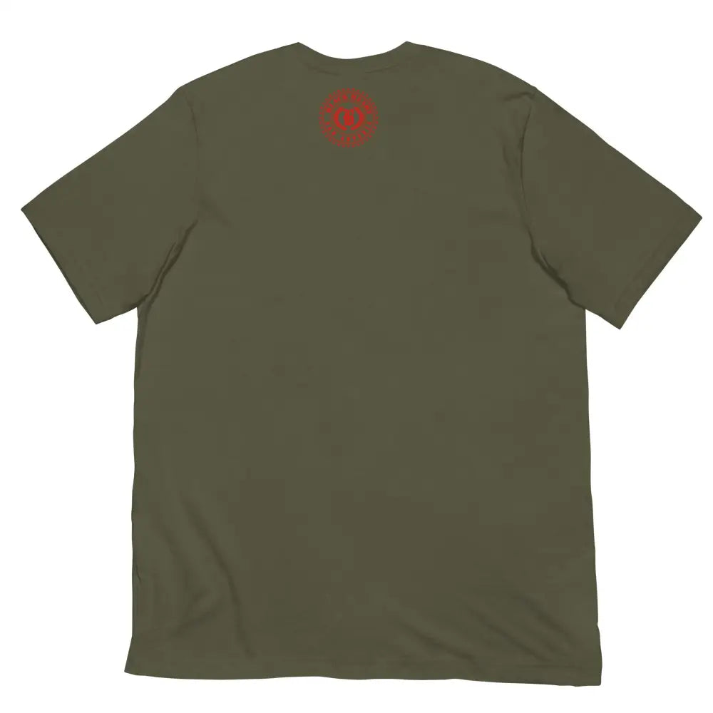 Be a Rose in Your Darkness graphic tee in Military Green – rose and skull artwork representing strength and perseverance (Back View)