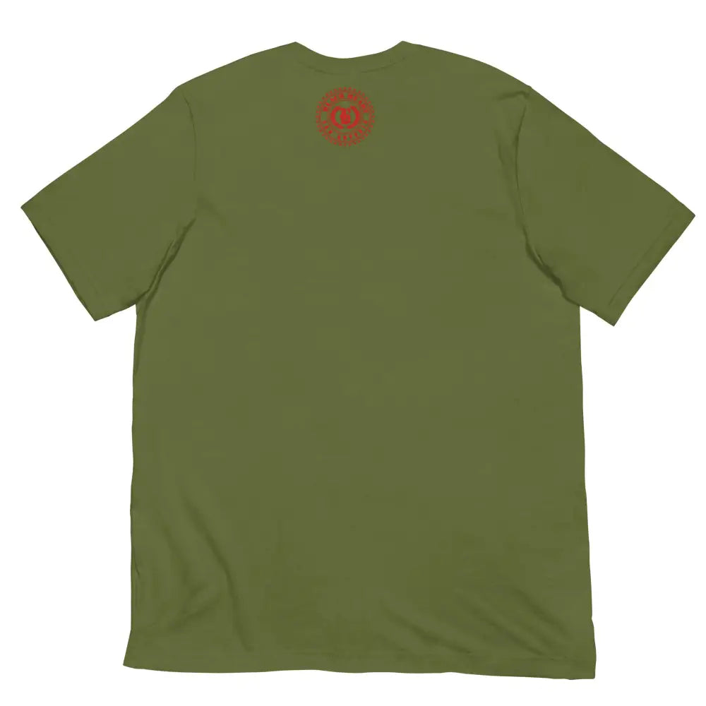 Be a Rose in Your Darkness graphic tee in Olive Green – rose and skull artwork representing strength and perseverance (Back View)