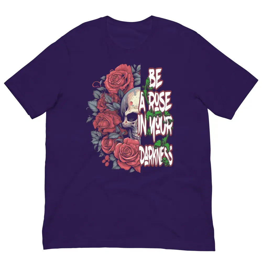 Be a Rose in Your Darkness graphic tee in Purple – rose and skull artwork representing strength and perseverance (Front View)