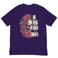 Be a Rose in Your Darkness graphic tee in Purple – rose and skull artwork representing strength and perseverance (Front View)
