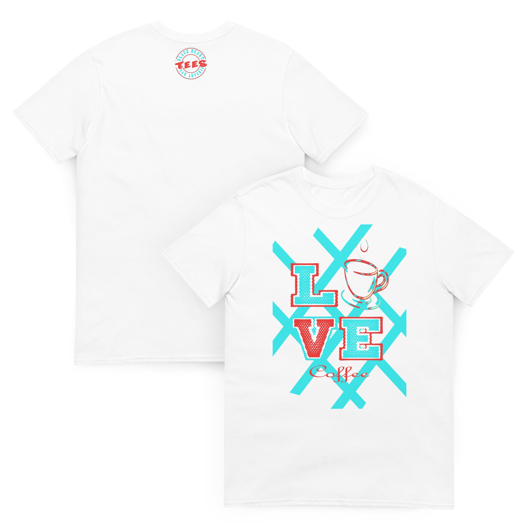 Love Coffee White Tee – coffee lover gift idea with retro cup graphic. Front and Back view.