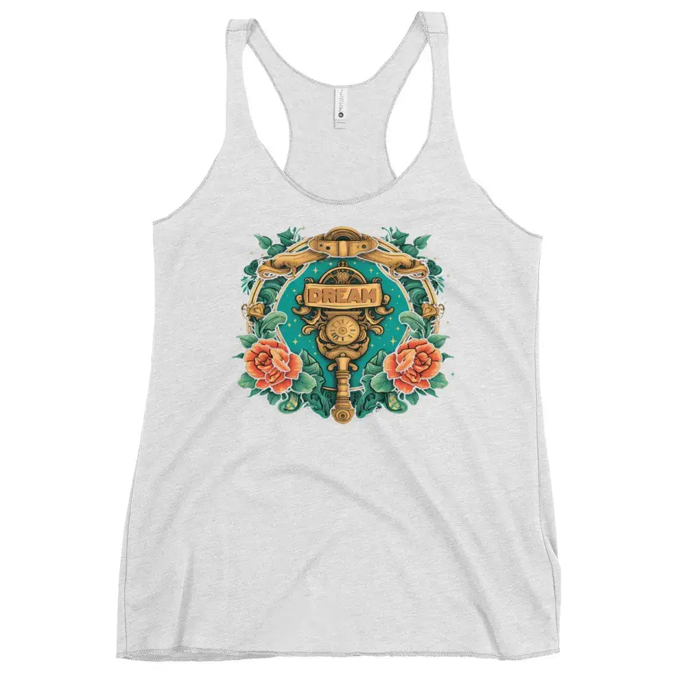 Women's heather white Dream tank – lightweight motivational streetwear by Black Heart Tees.