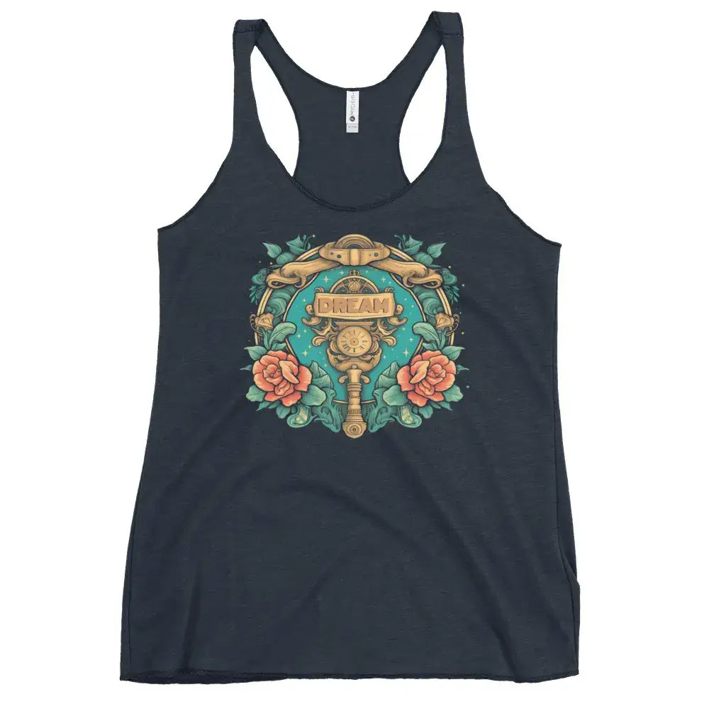 Women's vintage navy Dream racerback tank top with bold Dream design by Black Heart Tees