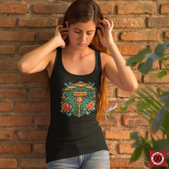 Dream Tank Top worn by a woman model standing against a brick wall – casual motivational wear by Black Heart Tees.