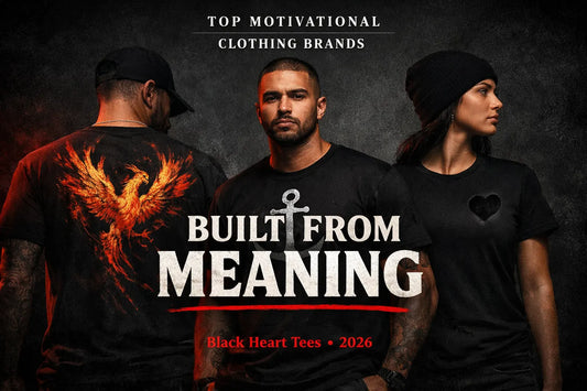 Three models wearing Black Heart Tees motivational clothing including phoenix rebirth tee, resilience anchor tee, and black heart revive shirt against a dark textured background
