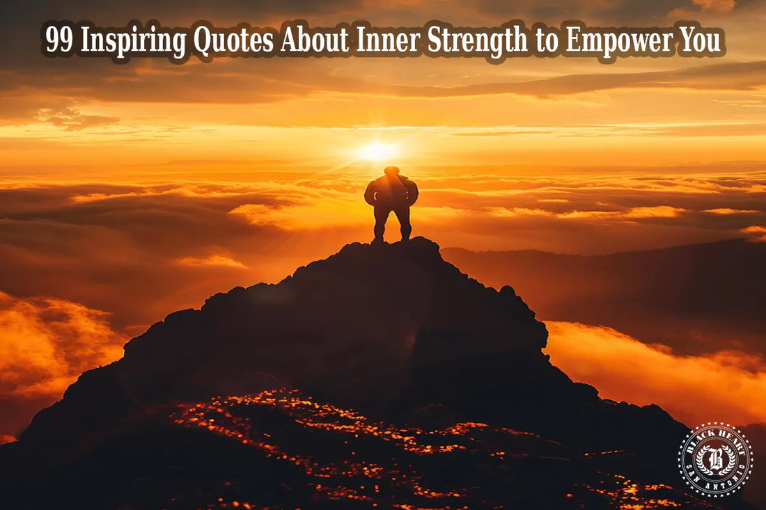 Silhouette of a person standing on a mountain peak at sunrise with golden sky, symbolizing inner strength, resilience, and empowerment