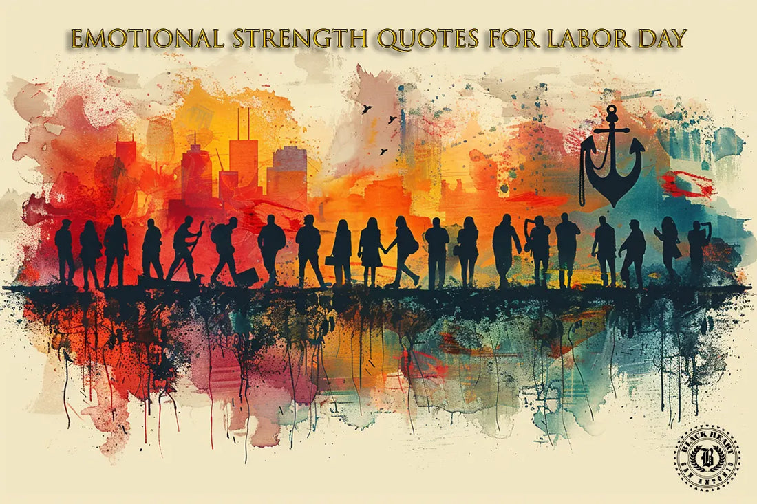 Artistic colorful illustration for Labor Day featuring anchor, phoenix, and black heart symbols representing resilience, rebirth, and revival in emotional strength.