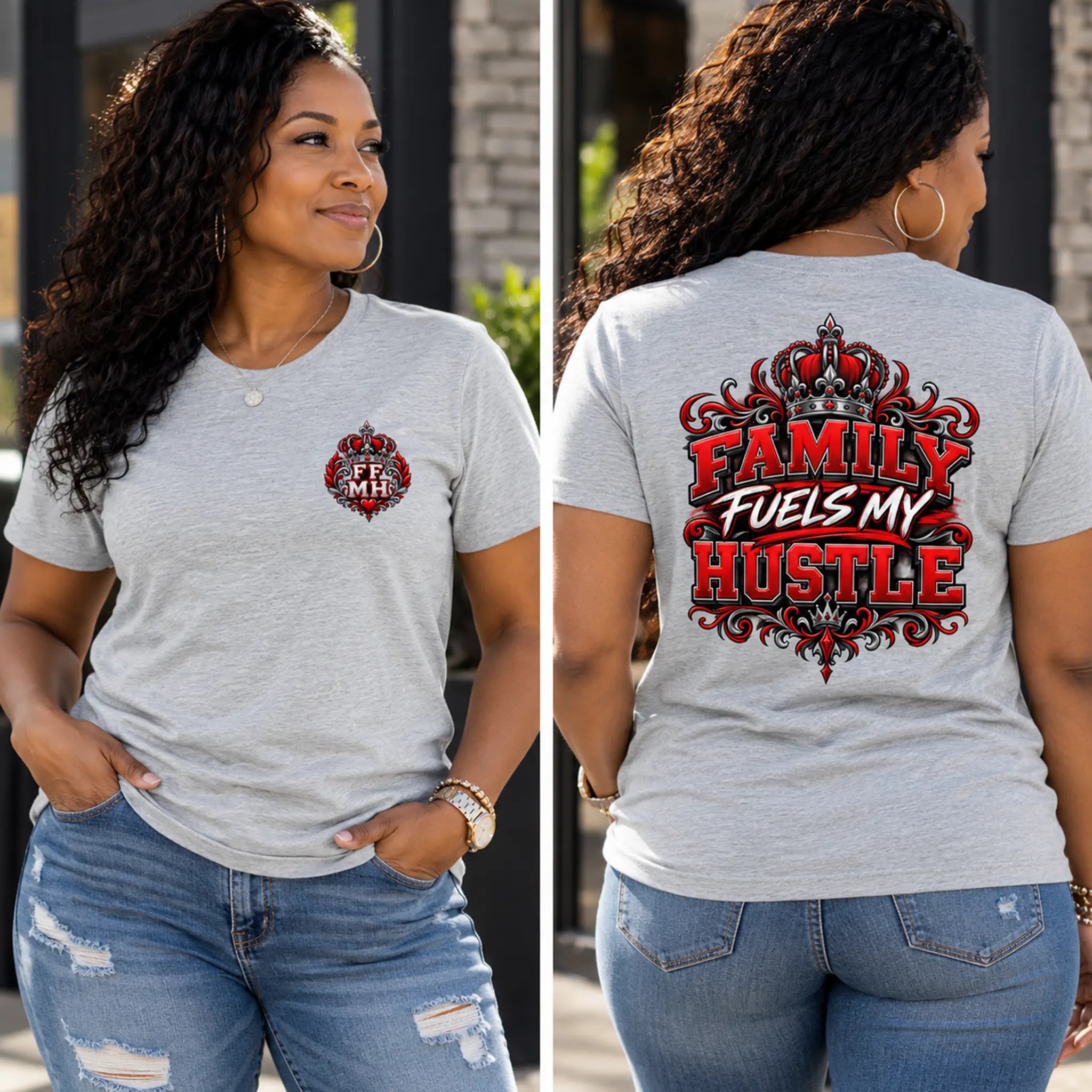 A woman shown in a split front-and-back view wearing a light heather gray graphic T-shirt and blue jeans. The front has a small red-and-black crest-style chest graphic, and the back has a large decorative red and black text graphic reading “FAMILY FUELS MY HUSTLE.