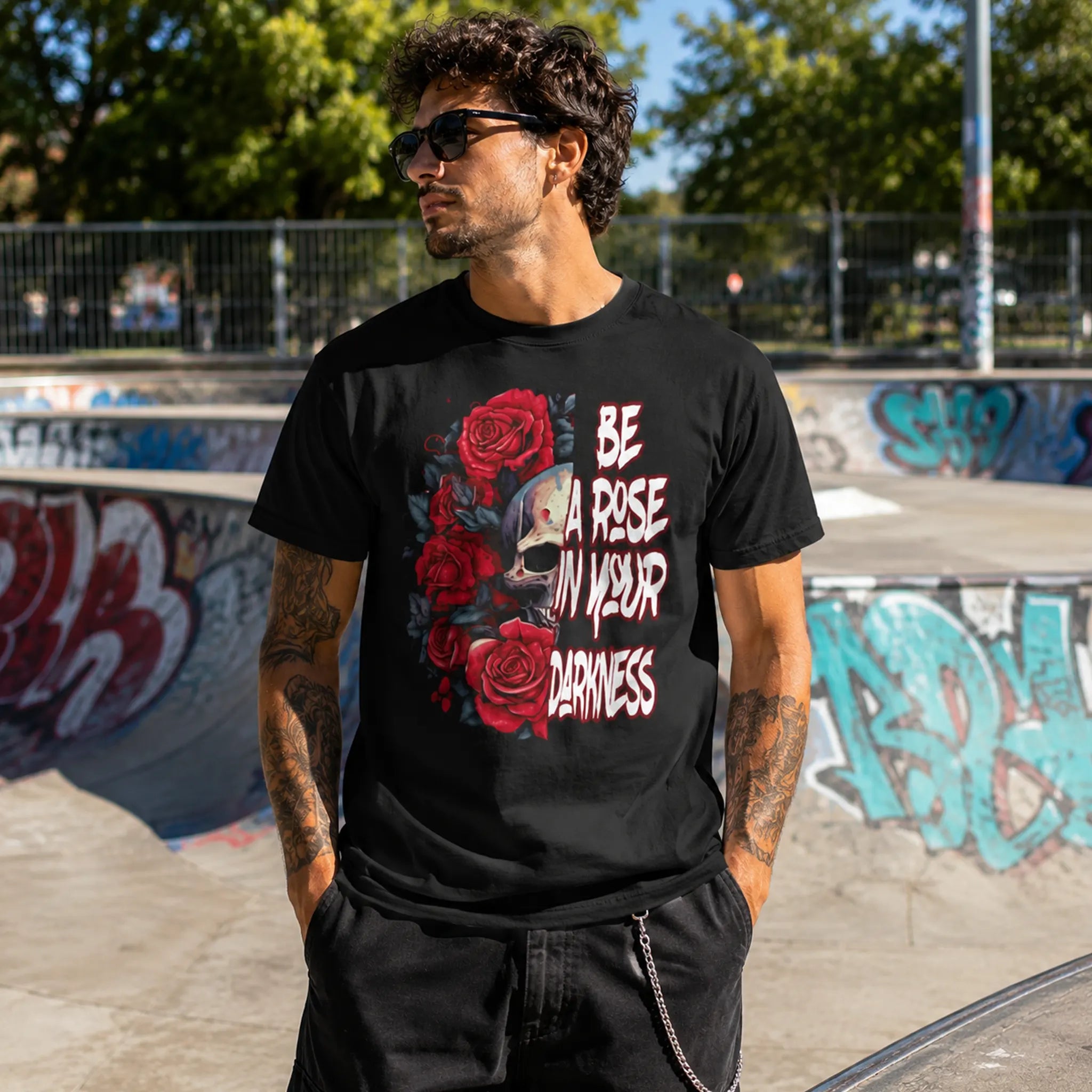 Man wearing Be A Rose In Your Darkness black graphic tee with skull and roses design at a skatepark – Black Heart Tees motivational apparel