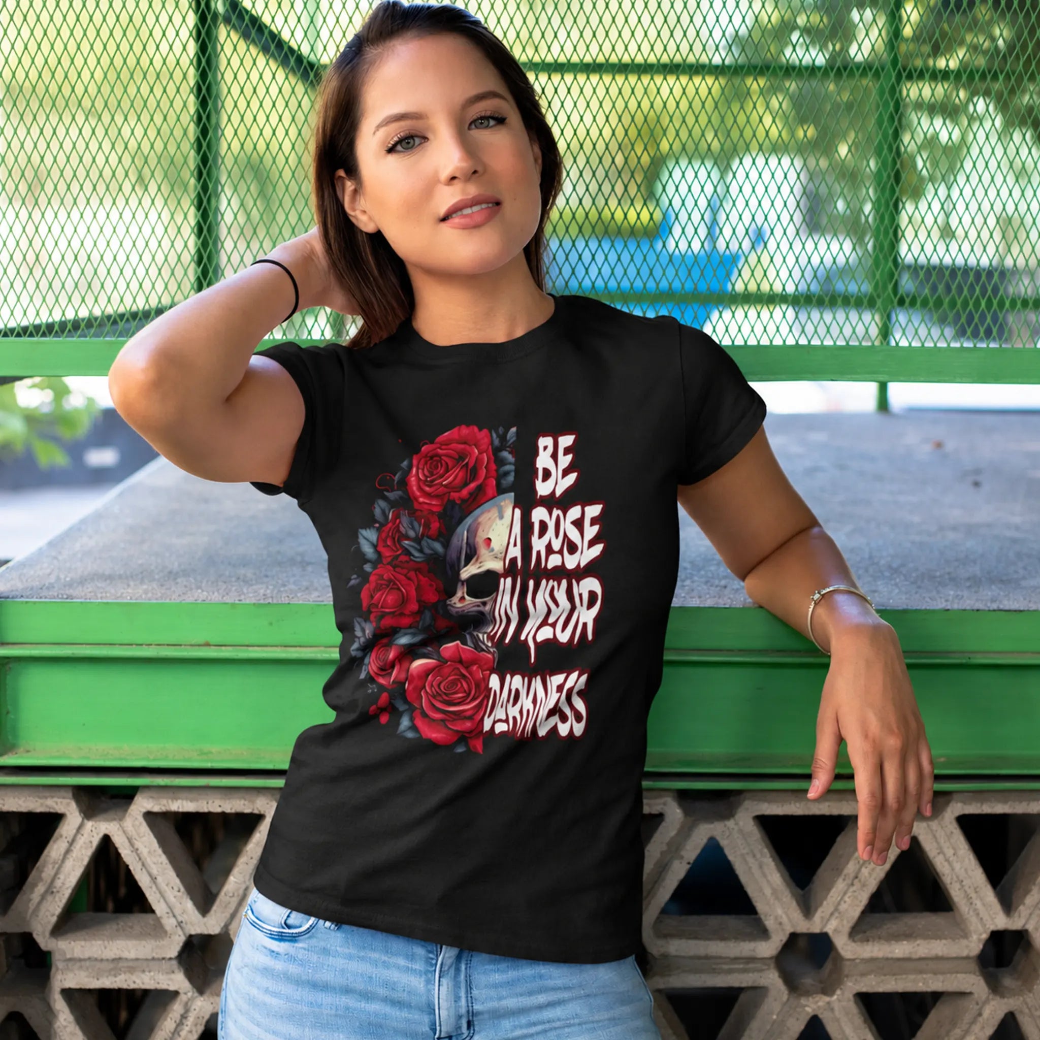 Be A Rose In Your Darkness women's black graphic tee with skull and red roses design – Black Heart Tees motivational apparel