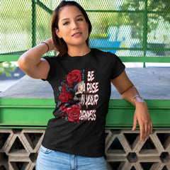 Be A Rose In Your Darkness women's black graphic tee with skull and red roses design – Black Heart Tees motivational apparel