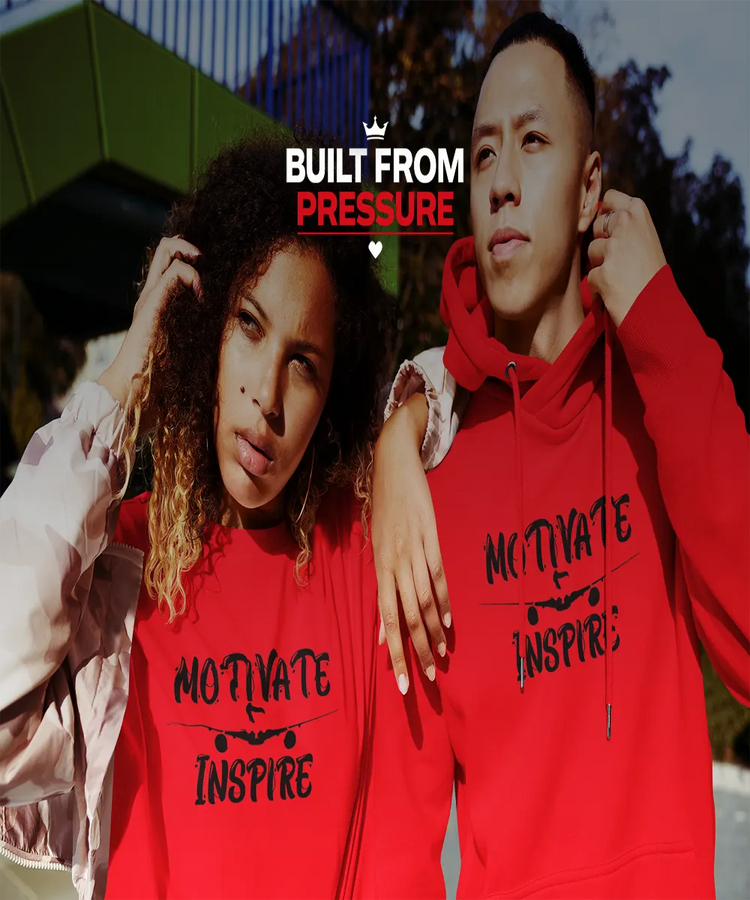 Man and woman wearing Black Heart Tees hoodies and t-shirts, representing resilience and the Built From Pressure motivational clothing movement.