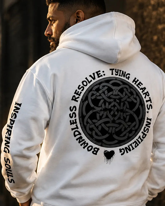 Back view of the Eternal Knot white hoodie featuring a Celtic knot graphic and Boundless Resolve message, premium inspirational streetwear hoodie representing unity, resilience, and purpose.