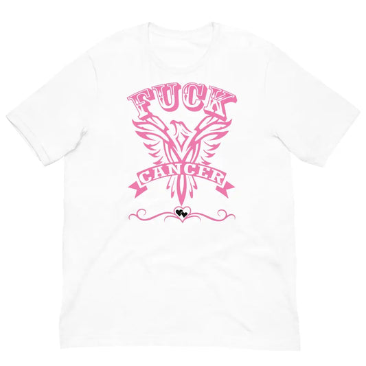F Cancer T-Shirt – White breast cancer awareness tee by Black Heart Tees Clothing featuring pink “F Cancer” print, honoring strength and survival. (Front View)