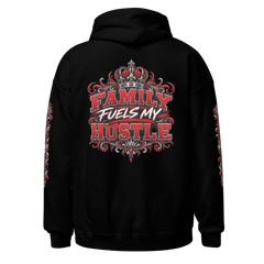 Black Family Fuels My Hustle pullover hoodie, back view showing large crowned Family Fuels My Hustle graphic and sleeve prints