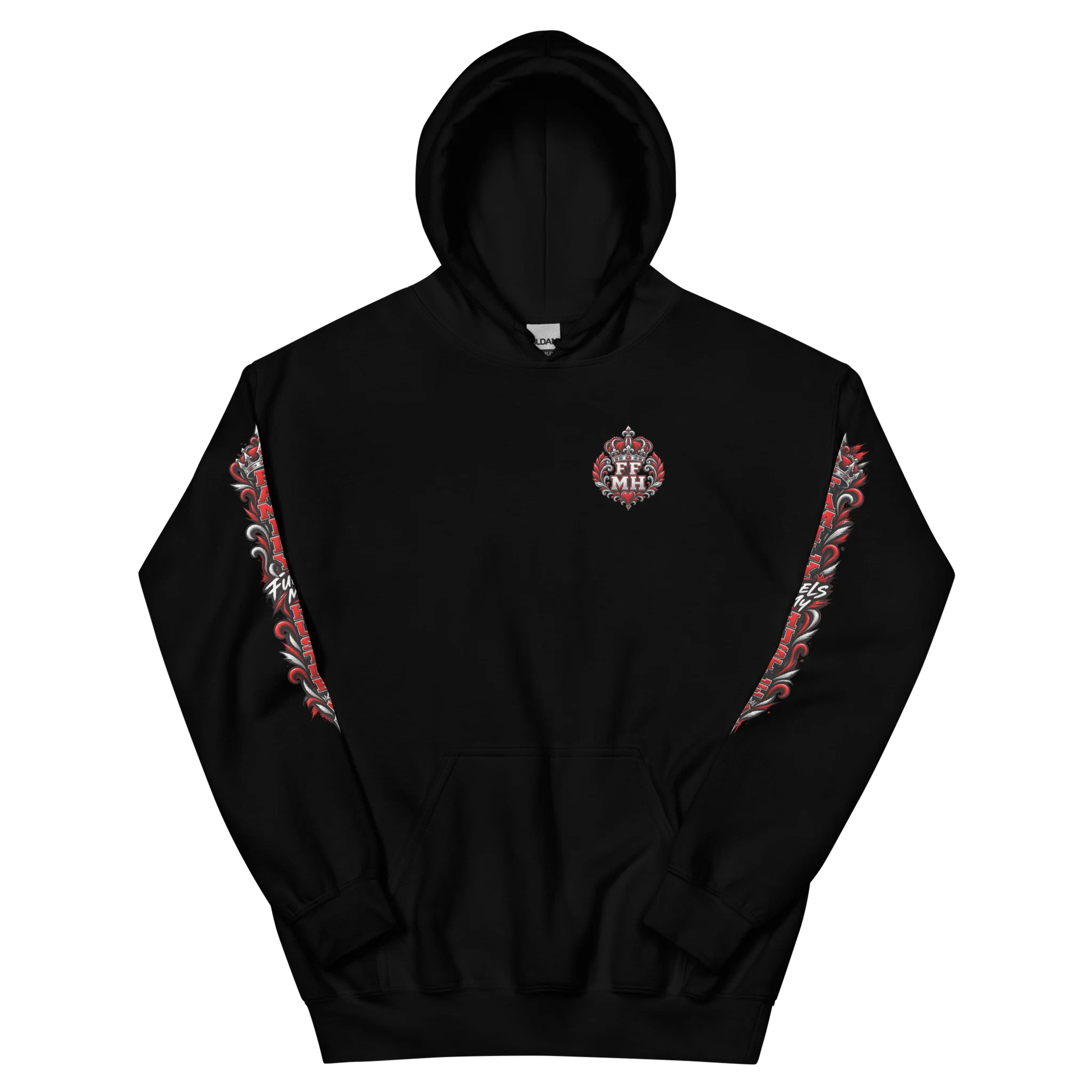 Black Family Fuels My Hustle pullover hoodie, front view showing small crowned FF/MH chest crest and printed sleeve artwork