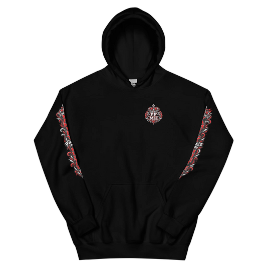 Black Family Fuels My Hustle pullover hoodie, front view showing small crowned FF/MH chest crest and printed sleeve artwork