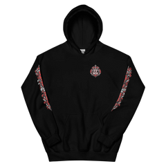 Black Family Fuels My Hustle pullover hoodie, front view showing small crowned FF/MH chest crest and printed sleeve artwork