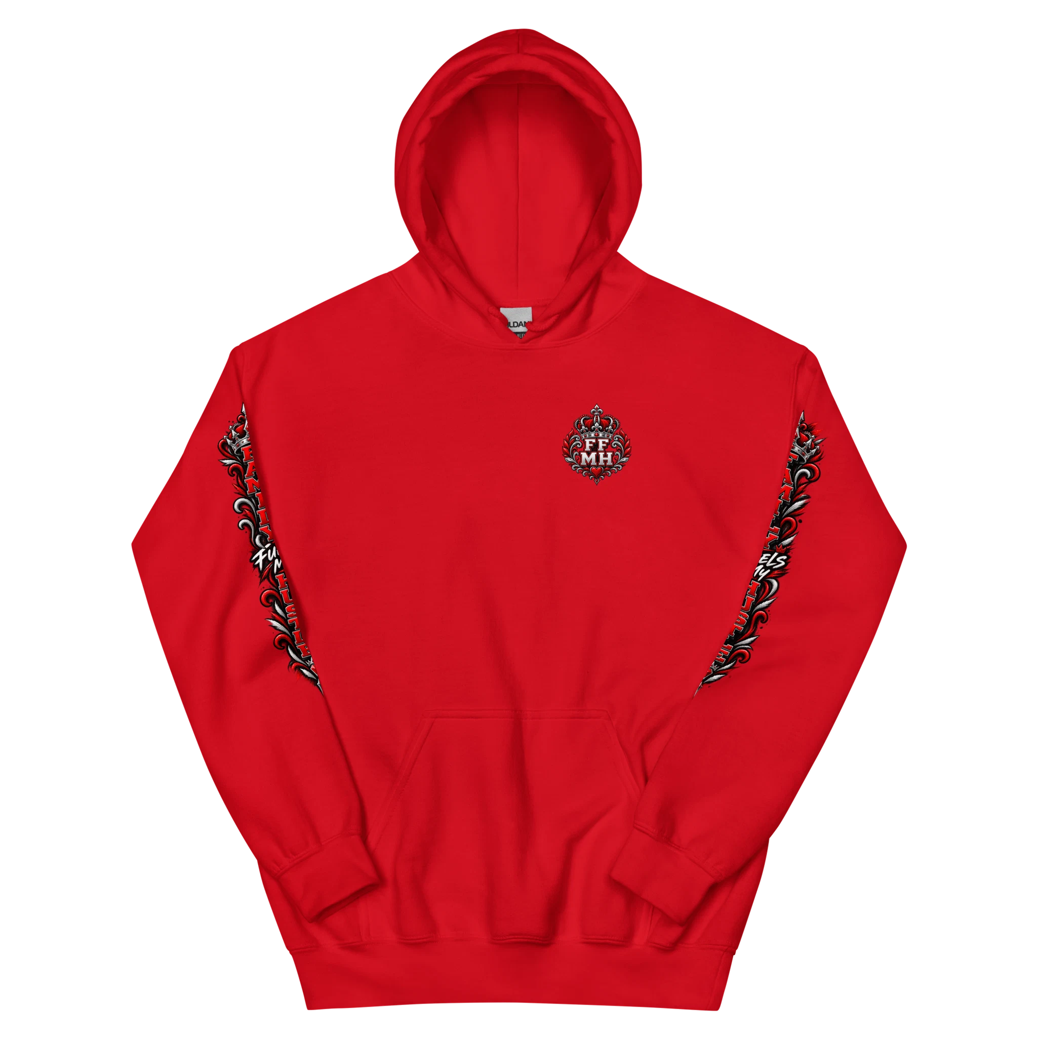 Red Family Fuels My Hustle pullover hoodie, front view showing small crowned FF/MH chest crest and printed sleeve artwork