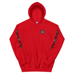 Red Family Fuels My Hustle pullover hoodie, front view showing small crowned FF/MH chest crest and printed sleeve artwork