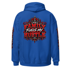 Royal Blue Family Fuels My Hustle pullover hoodie, back view showing large crowned Family Fuels My Hustle graphic and sleeve prints