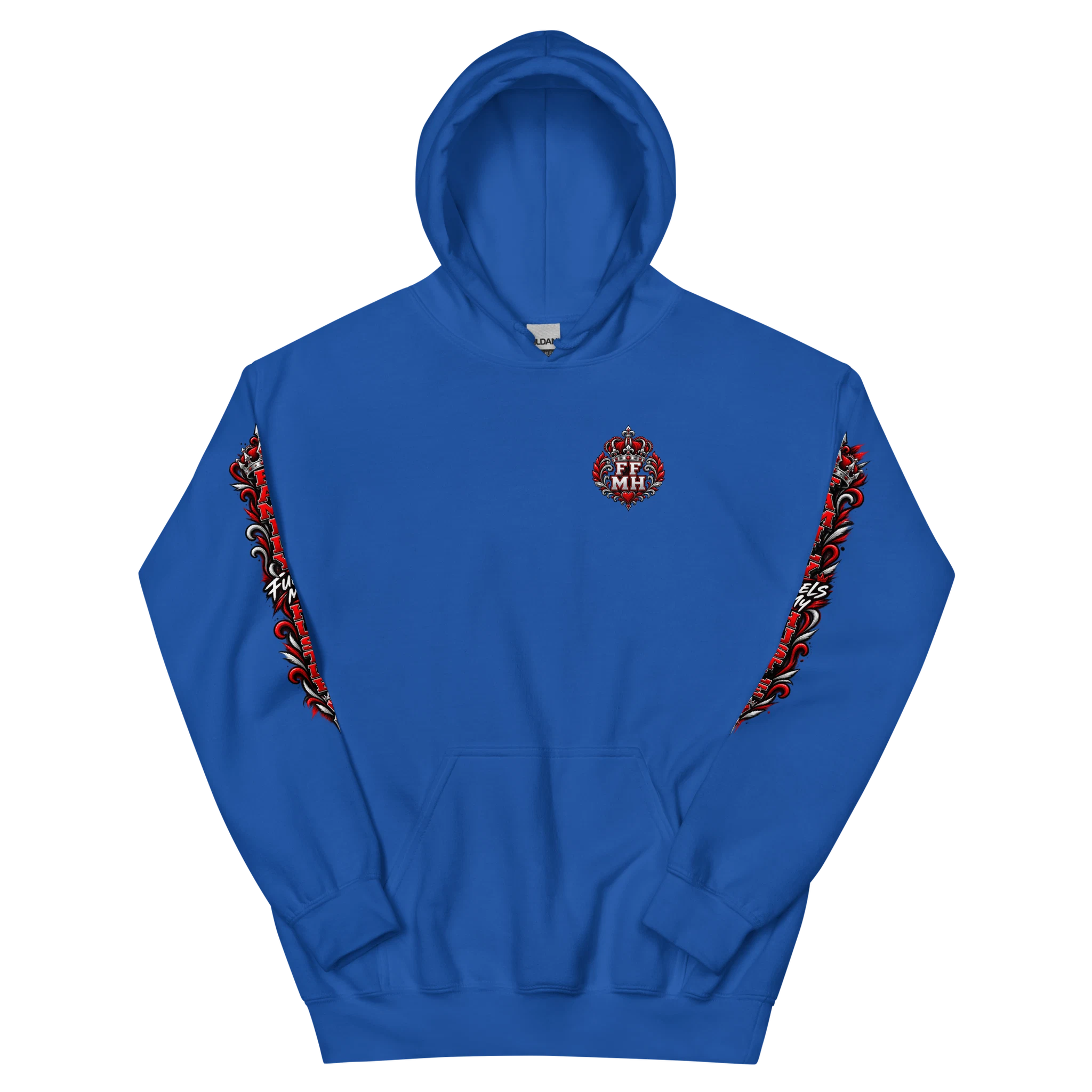 Royal Blue Family Fuels My Hustle pullover hoodie, front view showing small crowned FF/MH chest crest and printed sleeve artwork