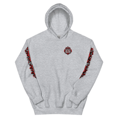 Sport Grey Family Fuels My Hustle pullover hoodie, front view showing small crowned FF/MH chest crest and printed sleeve artwork