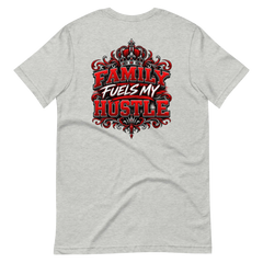 Athletic Heather Family Fuels My Hustle T-shirt, back view showing large crowned Family Fuels My Hustle graphic on the back - Black Heart Tees motivational apparel