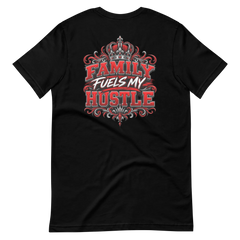 Black Family Fuels My Hustle T-shirt, back view showing large crowned Family Fuels My Hustle graphic on the back - Black Heart Tees motivational apparel
