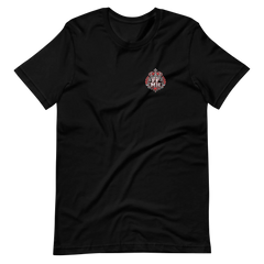 Black Family Fuels My Hustle T-shirt, front view showing small FF/MH crowned crest on the left chest - Black Heart Tees motivational apparel