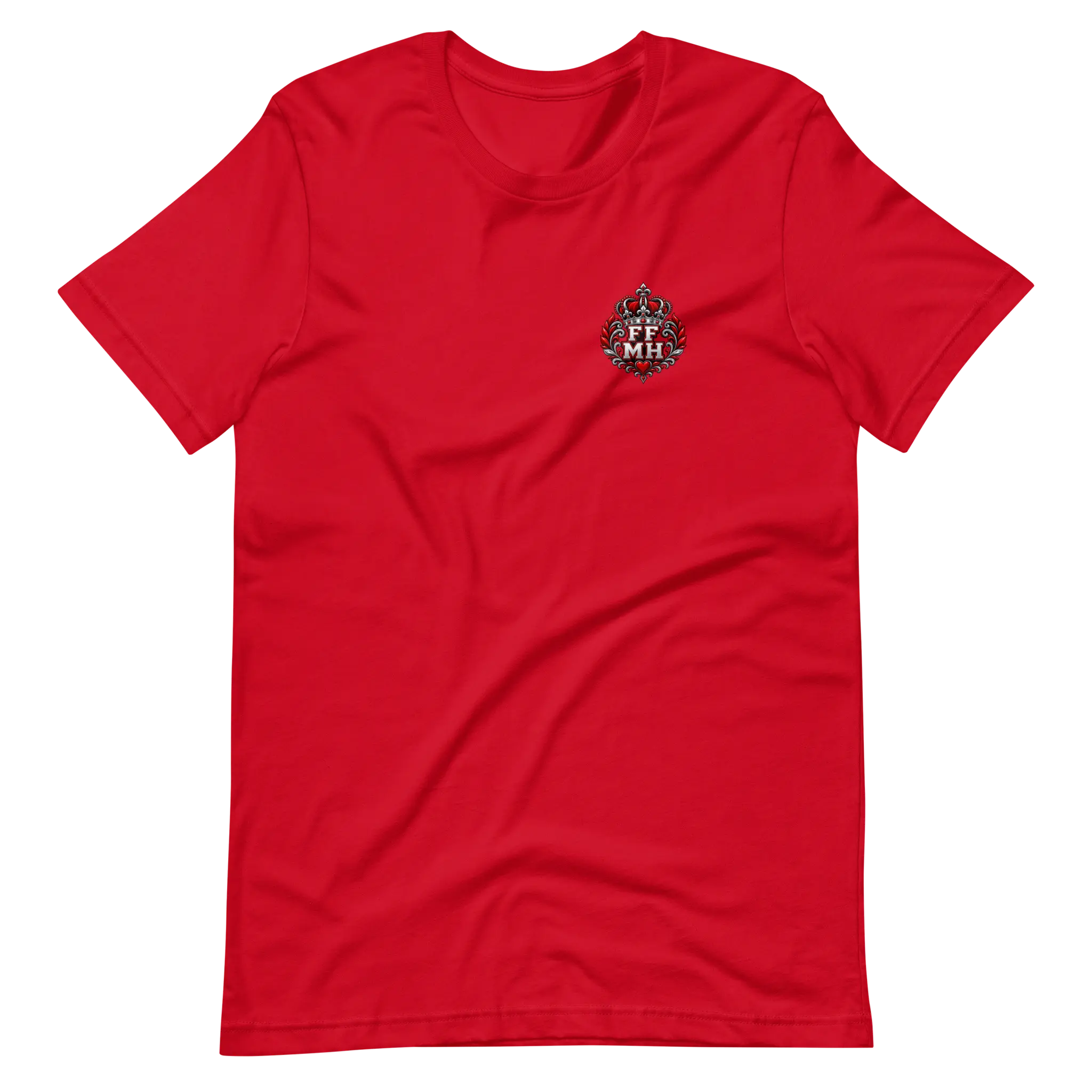 Red Family Fuels My Hustle T-shirt, front view showing small FF/MH crowned crest on the left chest - Black Heart Tees motivational apparel