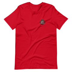 Red Family Fuels My Hustle T-shirt, front view showing small FF/MH crowned crest on the left chest - Black Heart Tees motivational apparel