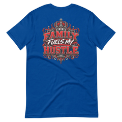 True Royal Family Fuels My Hustle T-shirt, back view showing large crowned Family Fuels My Hustle graphic on the back - Black Heart Tees motivational apparel