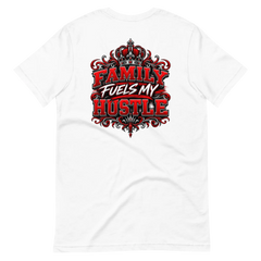 White Family Fuels My Hustle T-shirt, back view showing large crowned Family Fuels My Hustle graphic on the back - Black Heart Tees motivational apparel