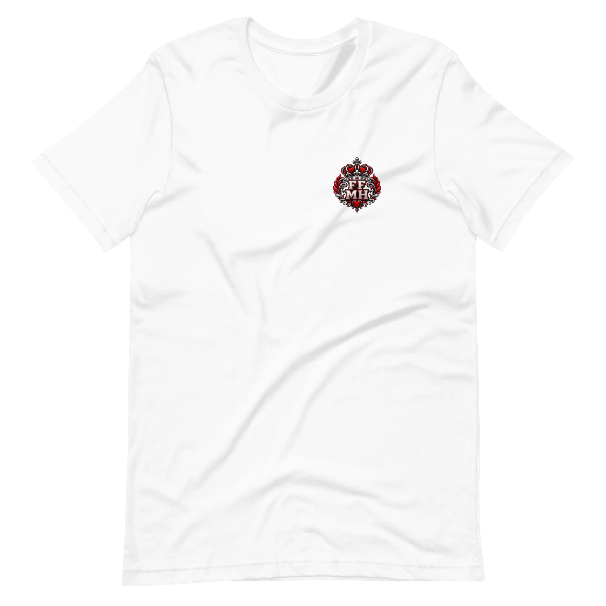 White Family Fuels My Hustle T-shirt, front view showing small FF/MH crowned crest on the left chest - Black Heart Tees motivational apparel