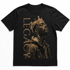 King Legacy men's black graphic tee featuring crowned portrait and vertical Legacy design – Black Heart Tees motivational apparel