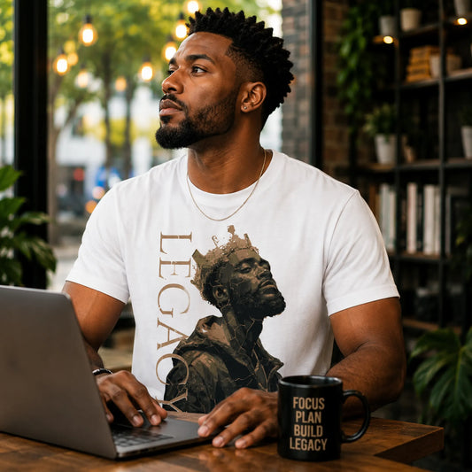 Man wearing King Legacy white graphic tee with crowned portrait design while working on a laptop in a coffee shop – Black Heart Tees motivational apparel