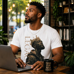 Man wearing King Legacy white graphic tee with crowned portrait design while working on a laptop in a coffee shop – Black Heart Tees motivational apparel