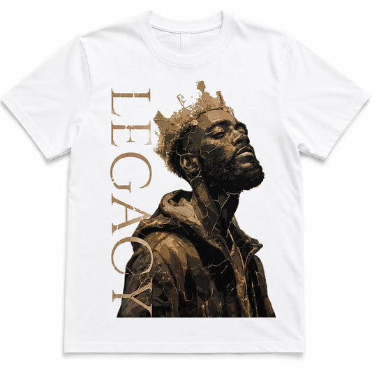 King Legacy men's white graphic tee featuring crowned portrait and vertical Legacy design – Black Heart Tees motivational apparel