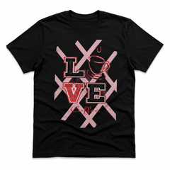 Love Coffee black graphic tee front flat lay with red pink and black coffee design – Black Heart Tees motivational apparel